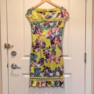 EUC Harry Who 8 Assym Chartreuse Silk Floral Dress with Ruffle Trim